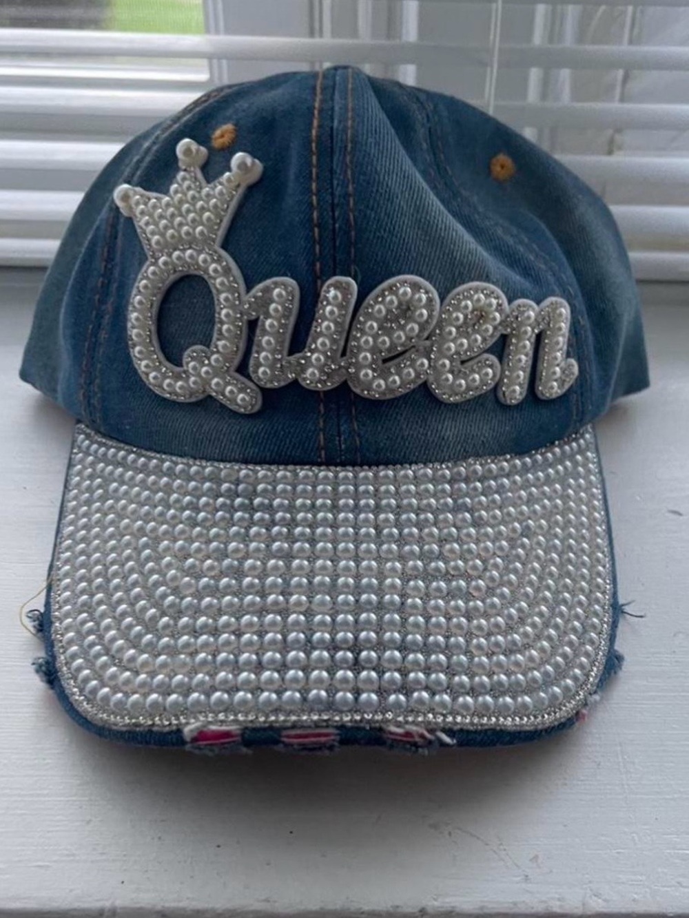 Denim 'Queen' Pearl-Embellished Baseball Cap - Blue